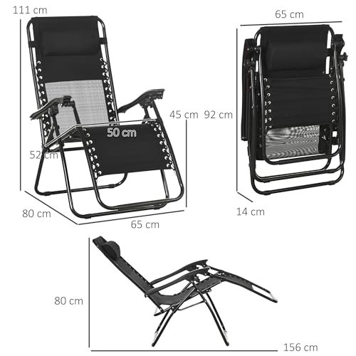 Outsunny Garden Recliner Chairs Set of 2, Outdoor Foldable Zero Gravity Chairs Set w/Footstool and Detachable Headrest, Black