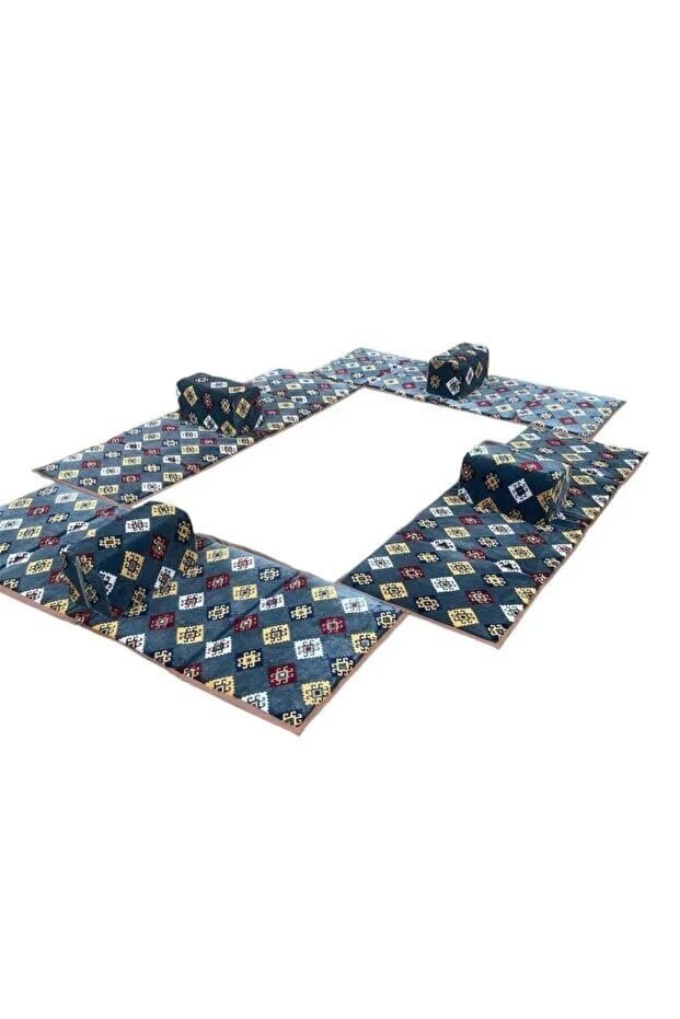 طقم جلسة بر ملكي 8 قطع بتصميم فاخر للرحلات والحدائق ، مجلس 8 قطع للبر,4 مددات أرضية و 4 مركي و 4 سجادة 200×80 سم (أزرق مزخرفه)