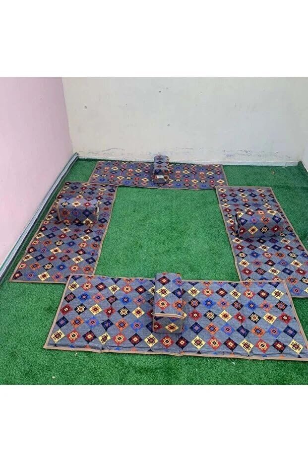 طقم جلسة بر ملكي 8 قطع بتصميم فاخر للرحلات والحدائق ، مجلس 8 قطع للبر,4 مددات أرضية و 4 مركي و 4 سجادة 200×80 سم (أزرق مزخرفه)