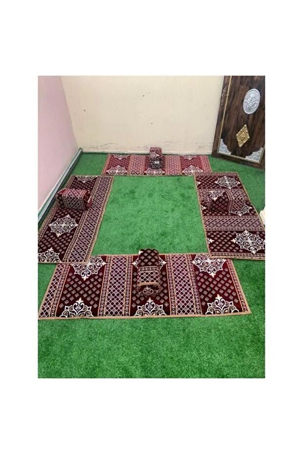 طقم جلسة بر ملكي 8 قطع بتصميم فاخر للرحلات والحدائق,مجلس 8 قطع للبر,4 مددات أرضية و 4 مركي و 4 سجادة 200×80 سم (أحمر مزخرف)