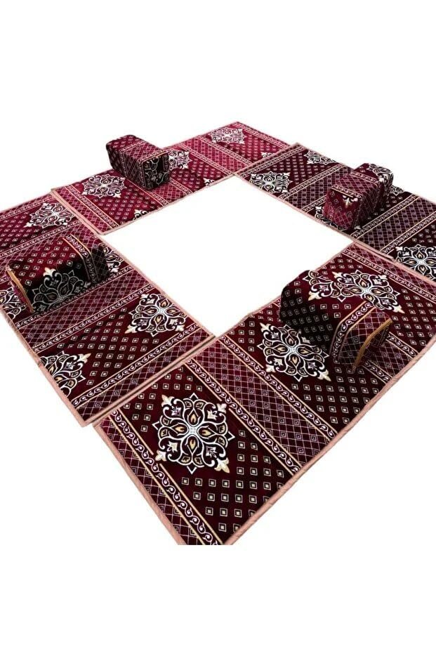 طقم جلسة بر ملكي 8 قطع بتصميم فاخر للرحلات والحدائق,مجلس 8 قطع للبر,4 مددات أرضية و 4 مركي و 4 سجادة 200×80 سم (أحمر مزخرف)