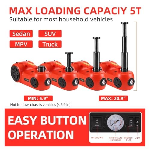 ROGTZ Upgraded Electric Car Jack Kit 5 Ton Floor Jack Hydraulic with Impact Wrench and Tire Inflator,Car Lift for Vehicle Roadside Emergency Tire Repair Kit (Red)