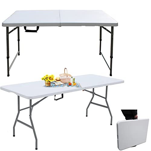 5FT Folding Picnic Table for Outdoor, Portable Fold-in-Half Plastic Dining Picnic Party Table with Carrying Handle, Utility Foldable Table for Indoor/Outdoor Picnic Camping Bench, White