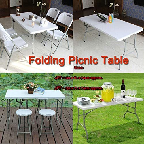 5FT Folding Picnic Table for Outdoor, Portable Fold-in-Half Plastic Dining Picnic Party Table with Carrying Handle, Utility Foldable Table for Indoor/Outdoor Picnic Camping Bench, White