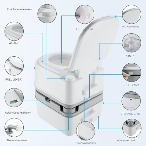 DIYHOM Camping Toilet with Flush, 24L + 20L Portable Mobile Toilet with Plunger Pump, Level Indicator, Brush, Travel Toilet, Camping Toilet, White