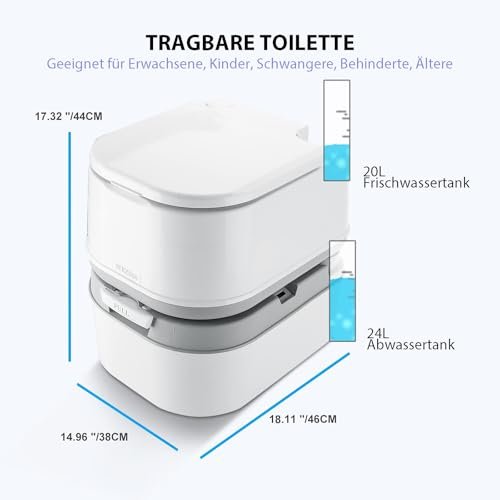 DIYHOM Camping Toilet with Flush, 24L + 20L Portable Mobile Toilet with Plunger Pump, Level Indicator, Brush, Travel Toilet, Camping Toilet, White