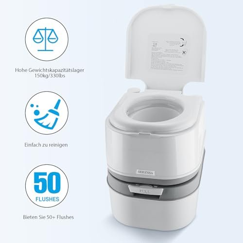 DIYHOM Camping Toilet with Flush, 24L + 20L Portable Mobile Toilet with Plunger Pump, Level Indicator, Brush, Travel Toilet, Camping Toilet, White