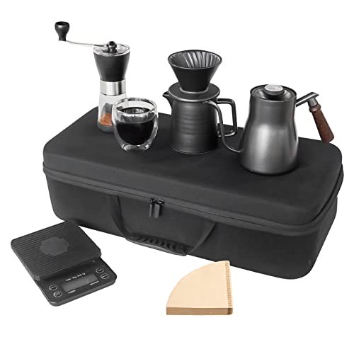SOTECH Pour Over Coffee Maker Set All in 1 Coffee Kits- 304 Stainless Steel Kettle with Thermometer Coffee Grinder Coffee Dripper & Server of Portable Travel Bag For Outdoor Camping