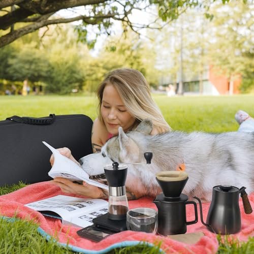 SOTECH Pour Over Coffee Maker Set All in 1 Coffee Kits- 304 Stainless Steel Kettle with Thermometer Coffee Grinder Coffee Dripper & Server of Portable Travel Bag For Outdoor Camping