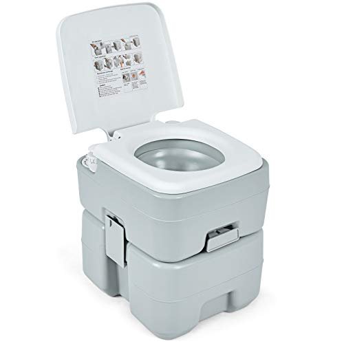 Giantex Portable Toilet 5.3 Gallon with T-Shaped Flush System, Built-in Rotating Spout, Carrying Handle, Latch for Detachment Waste Tank Commode for Travel, Camping RV Toilet (Gray+White)