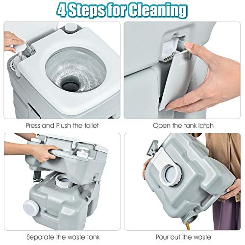 Giantex Portable Toilet 5.3 Gallon with T-Shaped Flush System, Built-in Rotating Spout, Carrying Handle, Latch for Detachment Waste Tank Commode for Travel, Camping RV Toilet (Gray+White)