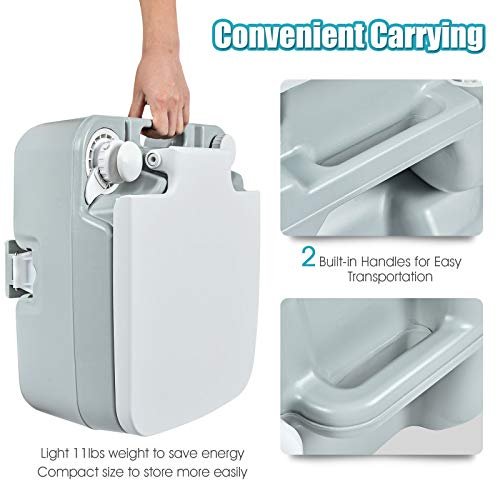 Giantex Portable Toilet 5.3 Gallon with T-Shaped Flush System, Built-in Rotating Spout, Carrying Handle, Latch for Detachment Waste Tank Commode for Travel, Camping RV Toilet (Gray+White)