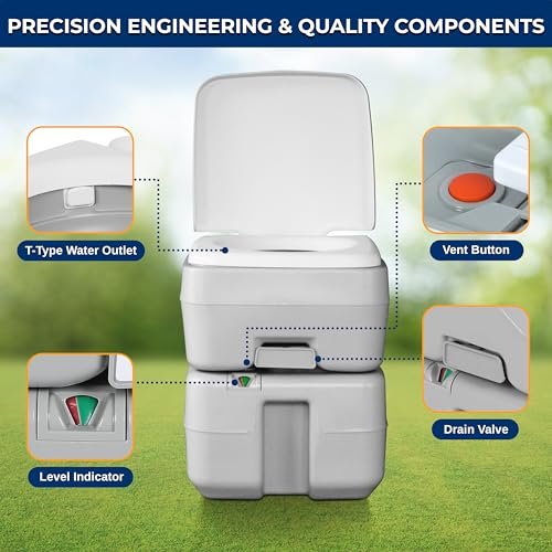 SereneLife Portable Toilet with Carry Bag – Indoor Outdoor Toilet with CHH Piston Pump & Level Indicator – 5.3 Gallon Large Waste Tank – 100-120 Flushes for RV, Camping, Hiking & Boating