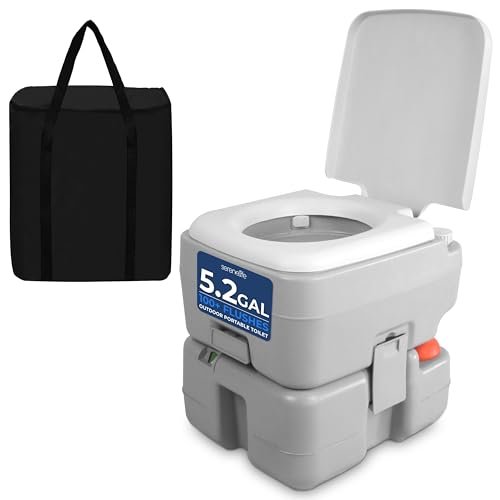 SereneLife Portable Toilet with Carry Bag – Indoor Outdoor Toilet with CHH Piston Pump & Level Indicator – 5.3 Gallon Large Waste Tank – 100-120 Flushes for RV, Camping, Hiking & Boating