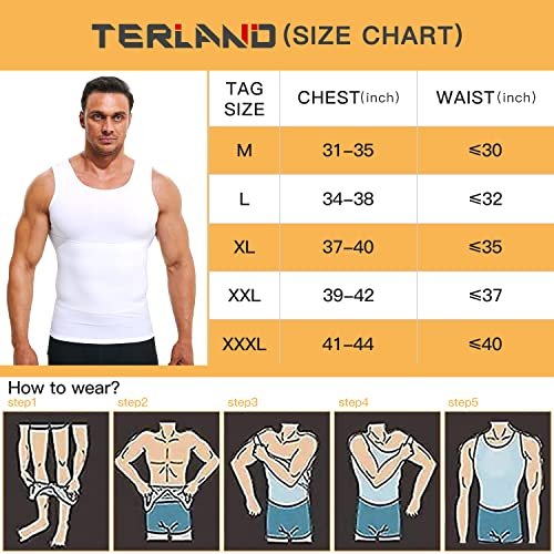 Terland Mens Compression Shirt Slimming Undershirt Body Shaper Vest Workout Tank Tops Shapewear Abs Abdomen White, XXL