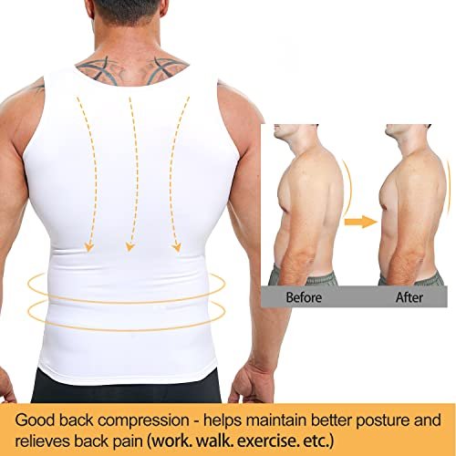 Terland Mens Compression Shirt Slimming Undershirt Body Shaper Vest Workout Tank Tops Shapewear Abs Abdomen White, XXL