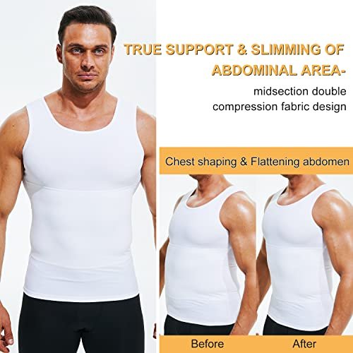 Terland Mens Compression Shirt Slimming Undershirt Body Shaper Vest Workout Tank Tops Shapewear Abs Abdomen White, XXL