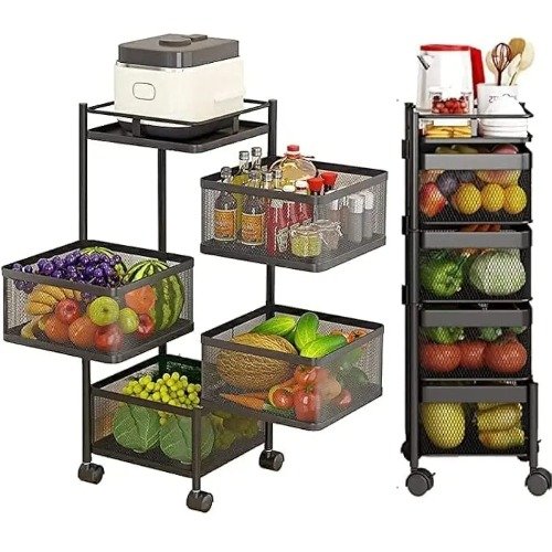 منظم دوار وسلة فواكه وخضروات بعجلات – رف تخزين متحرك متعدد الطبقات للمطبخ