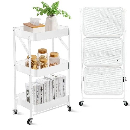 🧺 عربة تخزين ومنظم مطبخ معدنية قابلة للطي بـ3 طبقات,تصميم أنيق ومتعدد الاستخدامات للمطبخ وغرف البيت