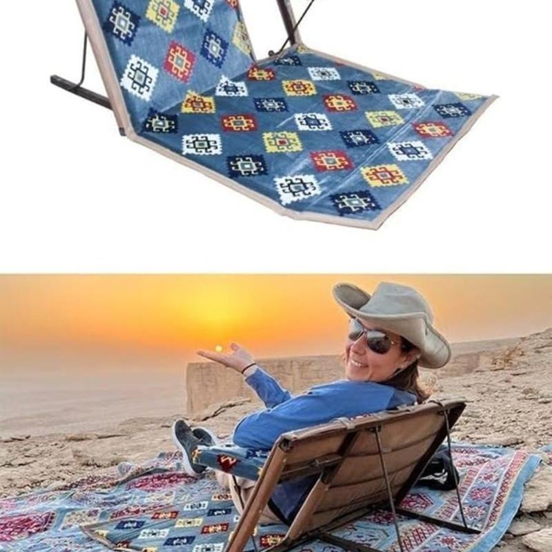 مقعد أرضي قابل للطي والتعديل للرحلات والتخييم والشاطئ,قماش ناعم مزخرف لون ازرق