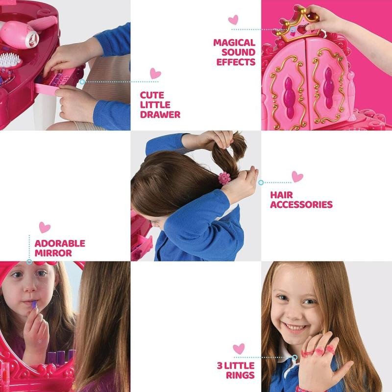 ✨مرآة وكرسي مكونة من 20 قطعة - طقم طاولة فانيتي لمكياج اللأطفال مع الأضواء والأصوات - صالون تجميل👧