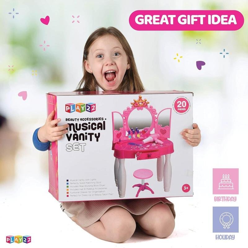 ✨مرآة وكرسي مكونة من 20 قطعة - طقم طاولة فانيتي لمكياج اللأطفال مع الأضواء والأصوات - صالون تجميل👧