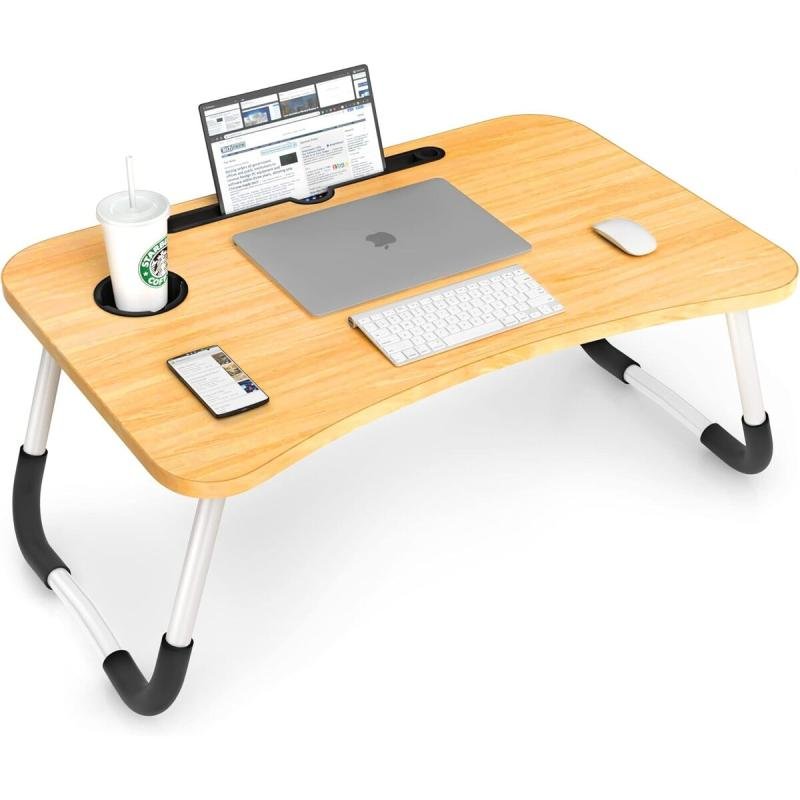 طاولة لابتوب للسرير محمولة قابلة للطي مع حامل أكواب للعمل وتناول الطعام والكتابة، لون بيج