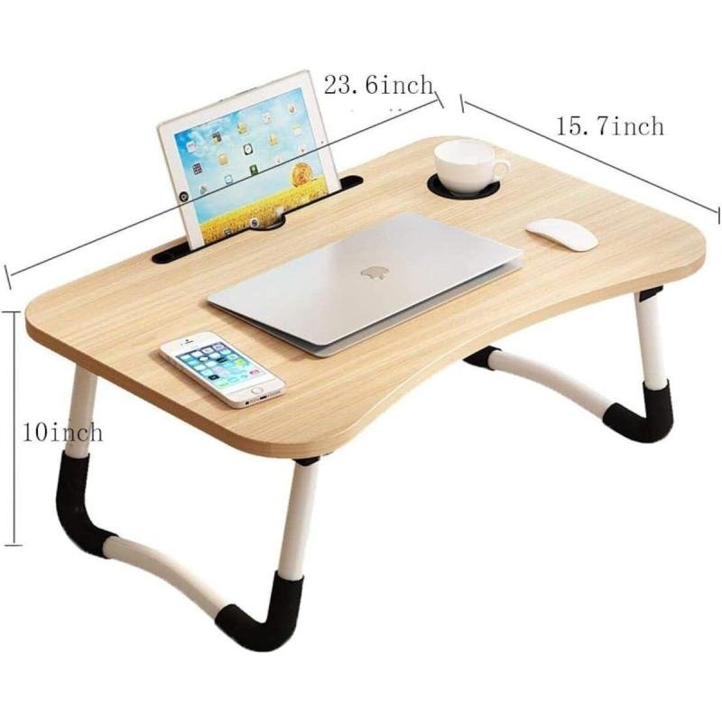 طاولة لابتوب للسرير محمولة قابلة للطي مع حامل أكواب للعمل وتناول الطعام والكتابة، لون بيج