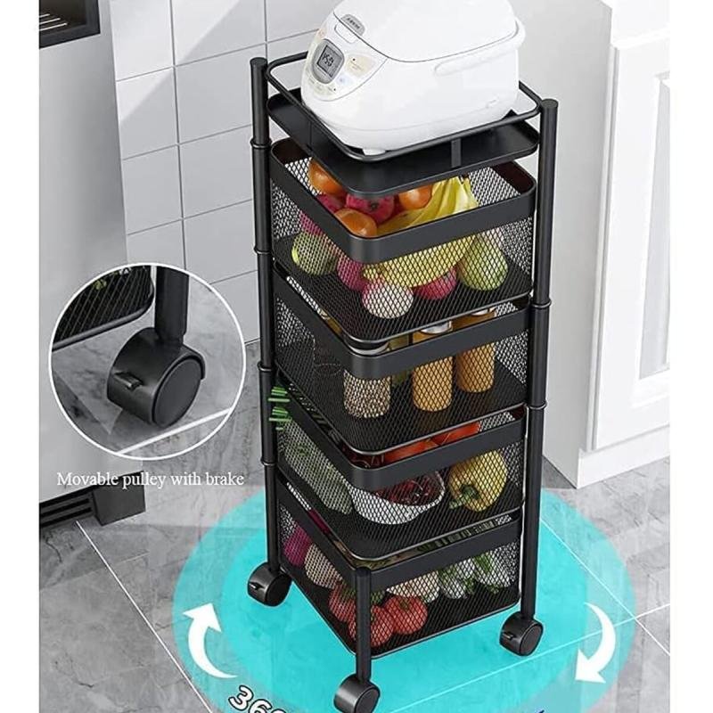 منظم دوار وسلة فواكه وخضروات بعجلات – رف تخزين متحرك متعدد الطبقات للمطبخ