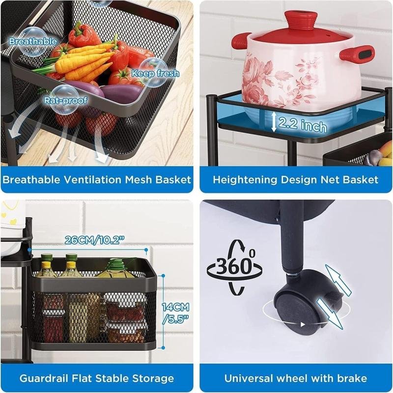 منظم دوار وسلة فواكه وخضروات بعجلات – رف تخزين متحرك متعدد الطبقات للمطبخ