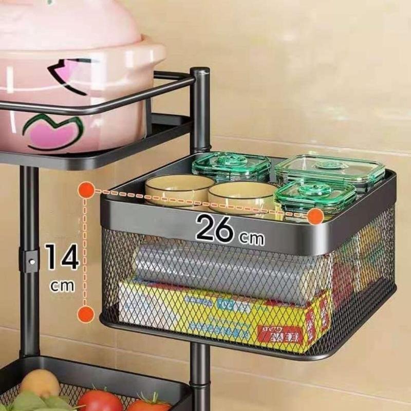 منظم دوار وسلة فواكه وخضروات بعجلات – رف تخزين متحرك متعدد الطبقات للمطبخ