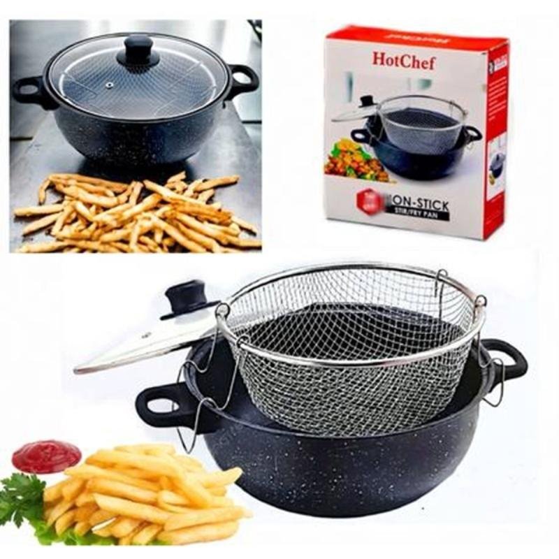 وعاء طهي زجاجي مطلي بالمينا مع غطاء و مصفاة شبك لقلي البطاطس بطريقة صحية– 26 سم – طهي صحي وآمن