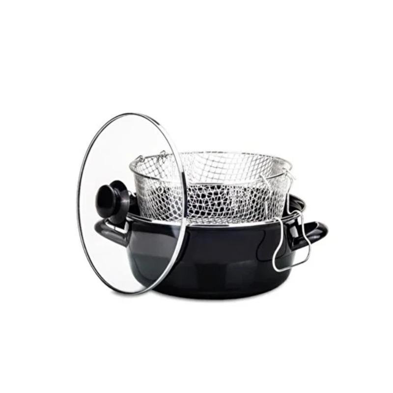 وعاء طهي زجاجي مطلي بالمينا مع غطاء و مصفاة شبك لقلي البطاطس بطريقة صحية– 26 سم – طهي صحي وآمن