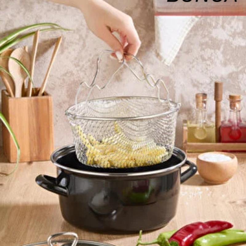 وعاء طهي زجاجي مطلي بالمينا مع غطاء و مصفاة شبك لقلي البطاطس بطريقة صحية– 26 سم – طهي صحي وآمن