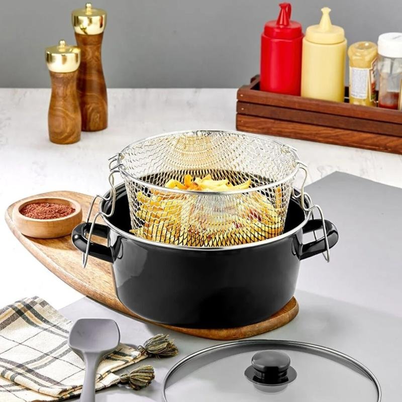 وعاء طهي زجاجي مطلي بالمينا مع غطاء و مصفاة شبك لقلي البطاطس بطريقة صحية– 26 سم – طهي صحي وآمن