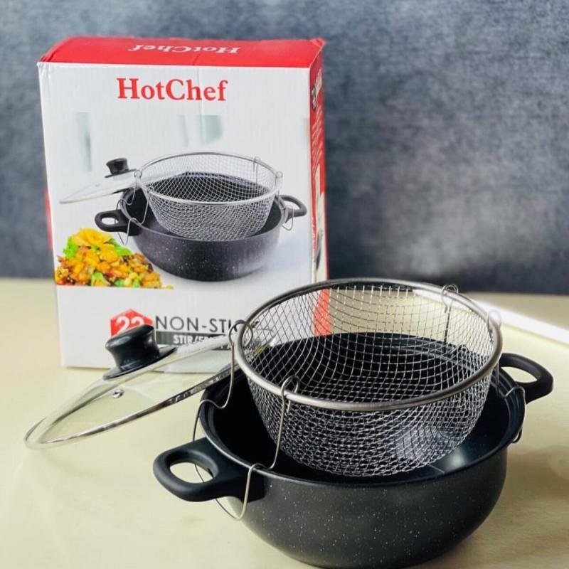 وعاء طهي زجاجي مطلي بالمينا مع غطاء و مصفاة شبك لقلي البطاطس بطريقة صحية– 26 سم – طهي صحي وآمن