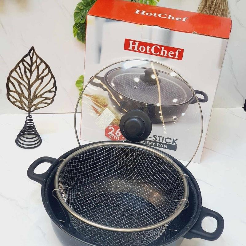 وعاء طهي زجاجي مطلي بالمينا مع غطاء و مصفاة شبك لقلي البطاطس بطريقة صحية– 26 سم – طهي صحي وآمن