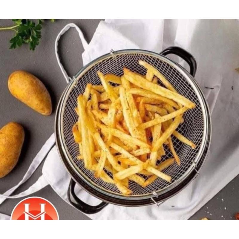 وعاء طهي زجاجي مطلي بالمينا مع غطاء و مصفاة شبك لقلي البطاطس بطريقة صحية– 26 سم – طهي صحي وآمن