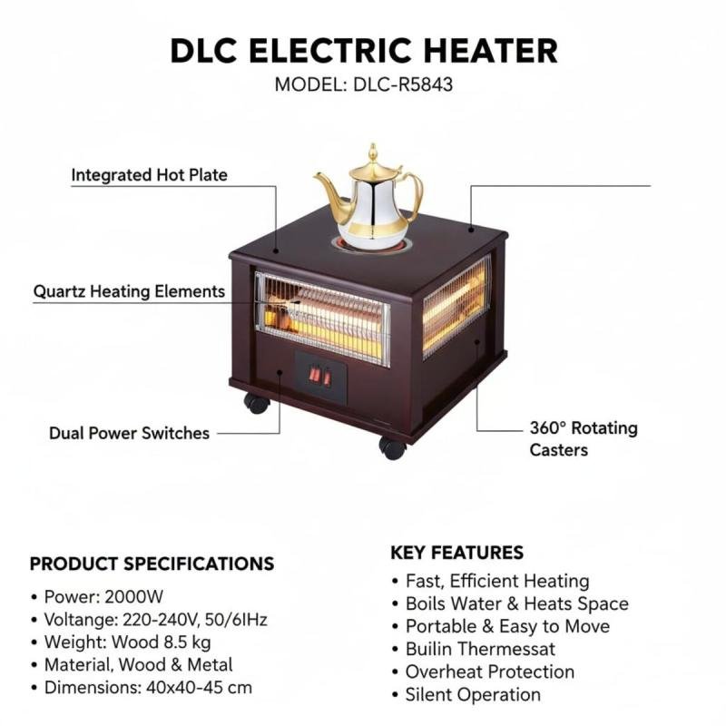 مدفأة كهربائية DLC بأربع شعلات مع لوح تسخين، سخان كوارتز بالأشعة تحت الحمراء، قابلة للتعديل بزاوية 360 درجة، DLC-R5843