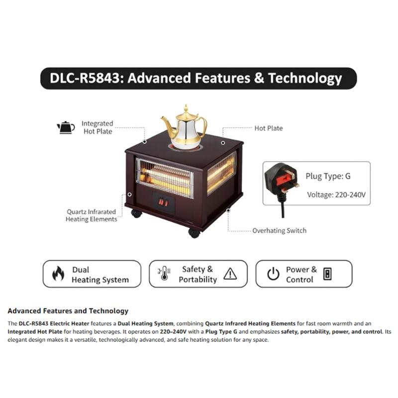 مدفأة كهربائية DLC بأربع شعلات مع لوح تسخين، سخان كوارتز بالأشعة تحت الحمراء، قابلة للتعديل بزاوية 360 درجة، DLC-R5843