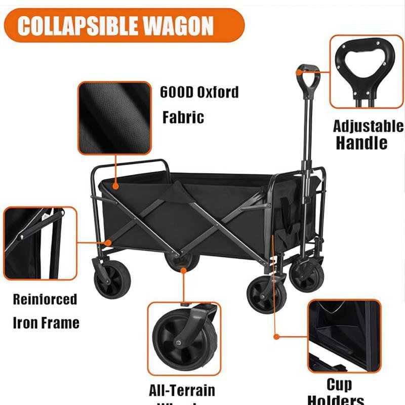 عربة تخييم قابلة للطي، ذات سعة كبيرة وعجلات متينة قابلة للفصل للرحلات والتخييم