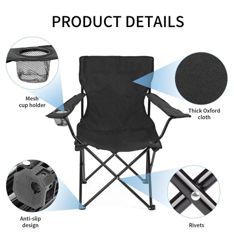 كرسي تخييم قابل للطي مع مساند للذراعين وحامل أكواب، كرسي شاطئ وحديقة قابل للطي (قطعة واحدة)