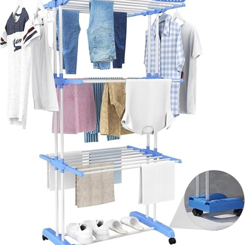 رف تجفيف الملابس من إيرير، رفوف غسيل ملابس قابلة للطي والتعديل من الفولاذ المقاوم للصدأ بأربع طبقات، أزرق