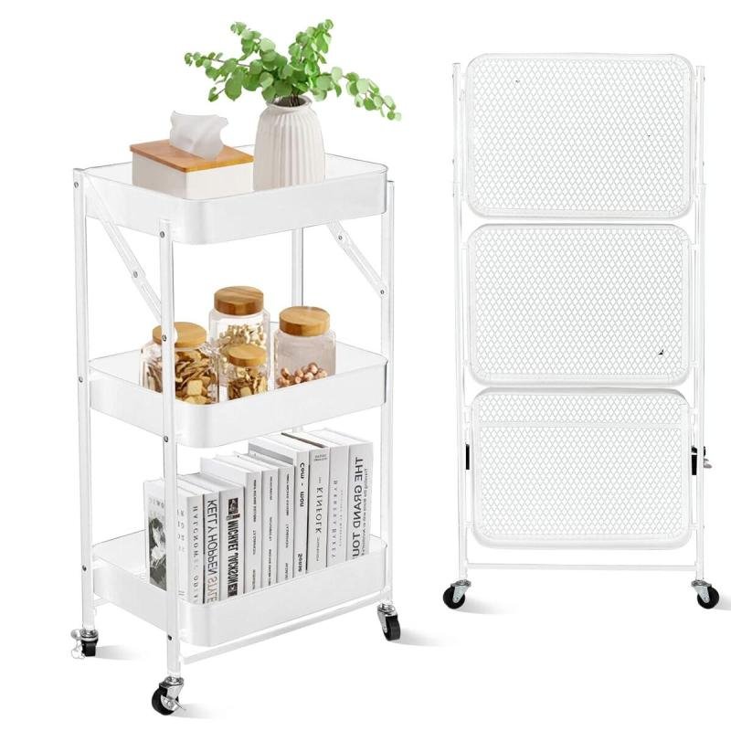 🧺 عربة تخزين ومنظم مطبخ معدنية قابلة للطي بـ3 طبقات,تصميم أنيق ومتعدد الاستخدامات للمطبخ وغرف البيت
