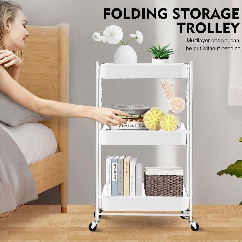 🧺 عربة تخزين ومنظم مطبخ معدنية قابلة للطي بـ3 طبقات,تصميم أنيق ومتعدد الاستخدامات للمطبخ وغرف البيت
