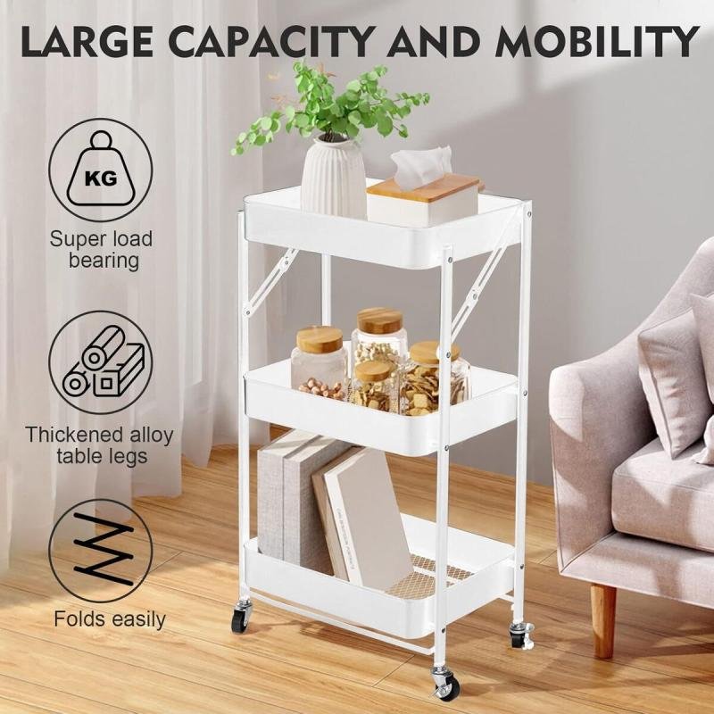 🧺 عربة تخزين ومنظم مطبخ معدنية قابلة للطي بـ3 طبقات,تصميم أنيق ومتعدد الاستخدامات للمطبخ وغرف البيت