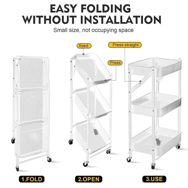🧺 عربة تخزين ومنظم مطبخ معدنية قابلة للطي بـ3 طبقات,تصميم أنيق ومتعدد الاستخدامات للمطبخ وغرف البيت