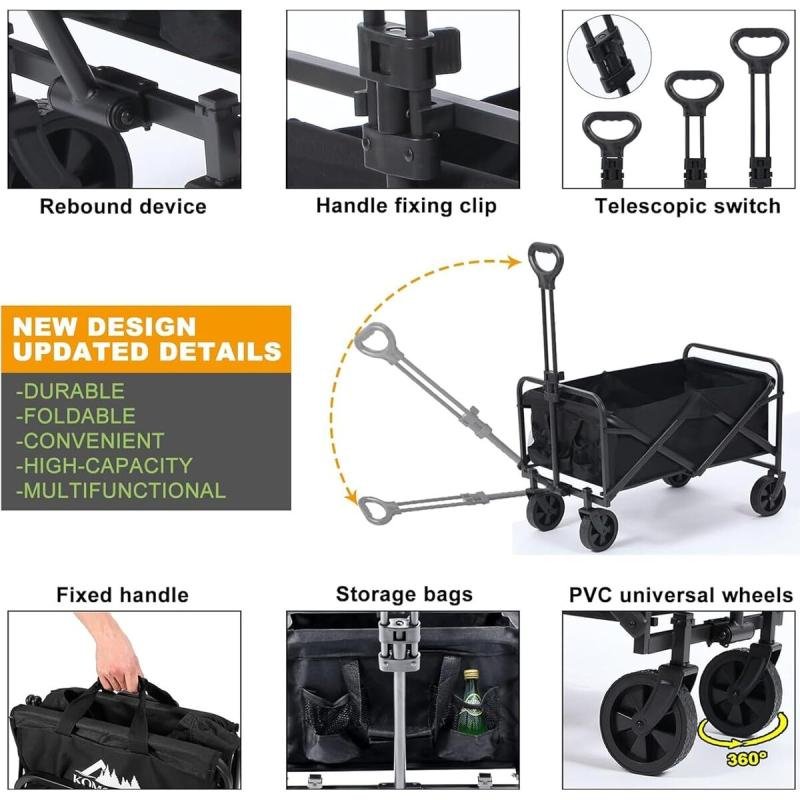 🛒 عربة تخييم قابلة للطي لجميع التضاريس بمقبض قابل للتعديل وفرامل – تصميم عملي للتنقل بكل راحة 200كج