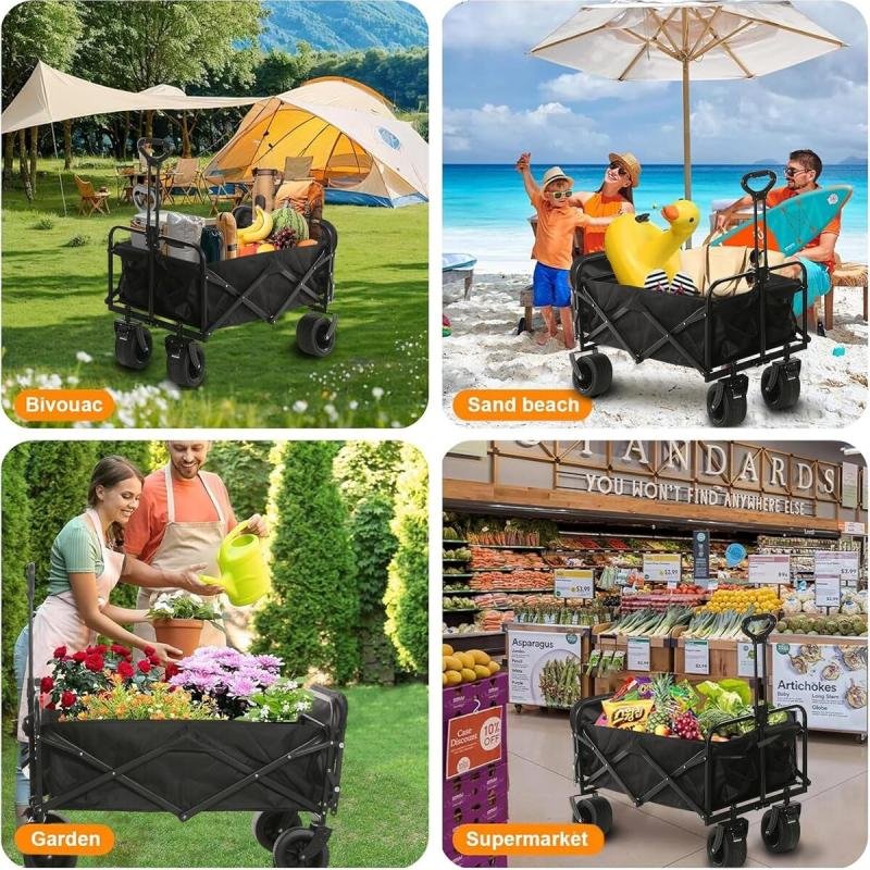 🛒 عربة تخييم قابلة للطي لجميع التضاريس بمقبض قابل للتعديل وفرامل – تصميم عملي للتنقل بكل راحة 200كج