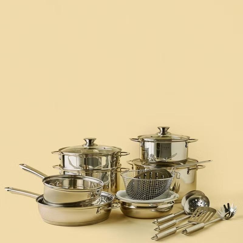 مجموعة أواني طهي من 18 قطعة - أواني ومقالي وأدوات مطبخ من الفولاذ المقاوم للصدأ - عالية الجودة -